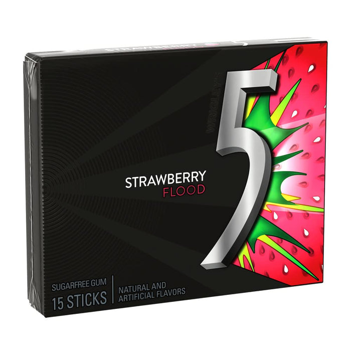 5 Gum - Flood Sour Strawberry Sugar Free Gum 15 Sticks - 10 Packs