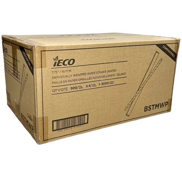 7.75 Inch Paper Straw White Individually Wrapped - 6 x 500
