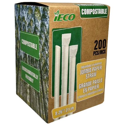 8.26" Jumbo Paper Wrapped Bubble Tea Straws - 6 x 200/Case