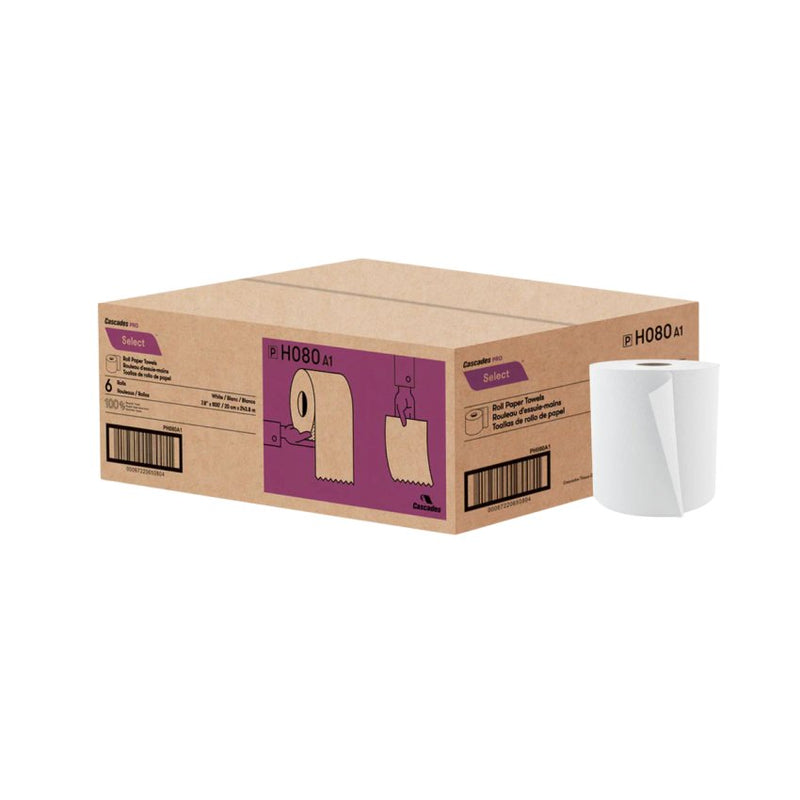 Cascades Pro H080 - White Hand Paper Towel Rolls 8" x 800' - 6/Case