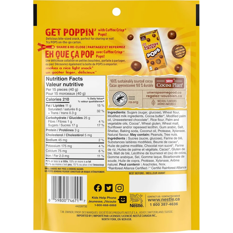 Coffee Crisp - Pops Chocolaty Snacks - 3 x 170g