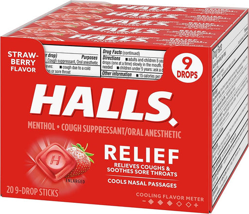 Halls - Relief Strawberry Cough Drops 9 Lozenges - 20 Packs