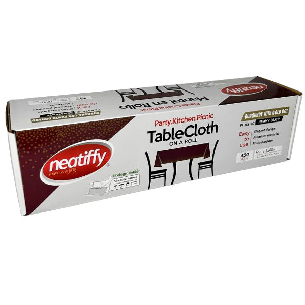 Disposable Plastic Tablecloth Roll Burgundy Gold Dots 54" x 100 ft - Each