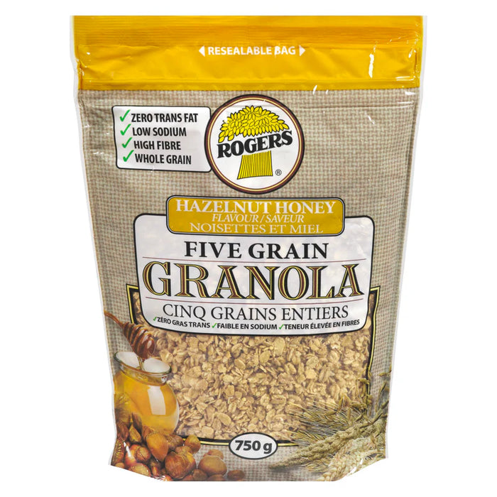 ROGERS 5 GRAIN GRANOLA HAZELNUT HONEY BLEND is a ready-to-eat cereal containing five different whole grains which are toasted with a touch of honey and brown sugar.

Try ROGERS 5 GRAIN GRANOLA HAZELNUT HONEY BLEND with yogurt and fruit for a nutritious and satisfying breakfast.

5 Whole grains
(Oats, Wheat, Triticale, Barley, Millet)
High fibre
Serve it cold or hot
Shelf Life: 8 months

 Very High Fibre