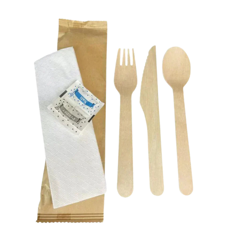 Wooden Utensil Kit Knife, Fork, Spoon, Napkin, Salt & Pepper - 500/Case