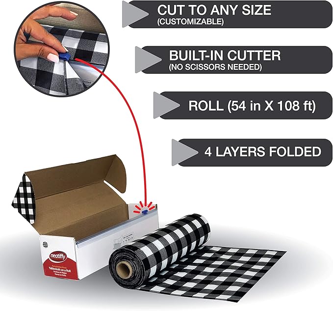 Disposable Plastic Tablecloth Roll Black Checkered 54" x 108 Ft - Each