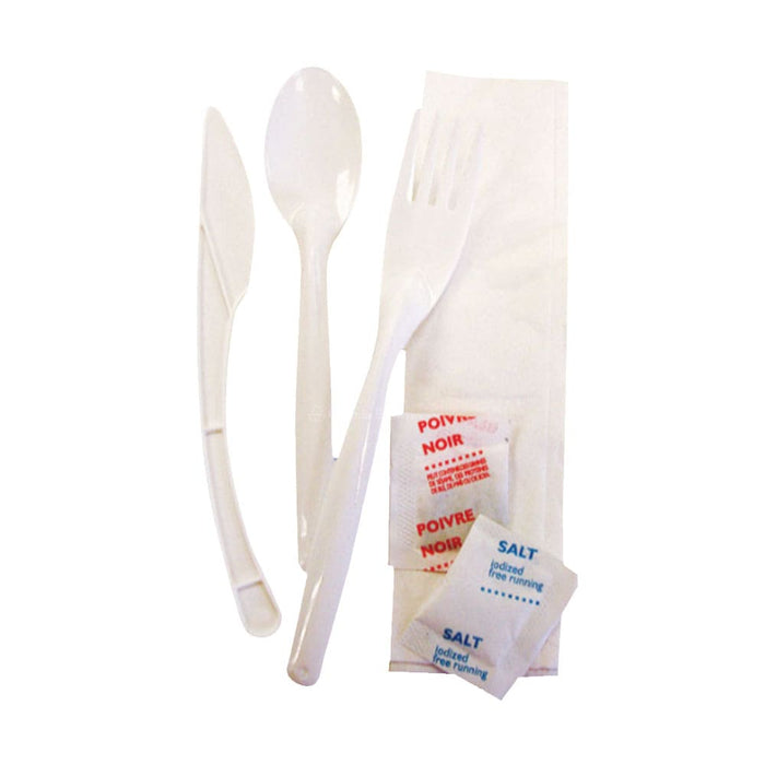 DURA - Meal Kit Wrapped White Heavy Knife, Fork, Spoon, Napkin, S&P- 250/Case - Bulk Mart