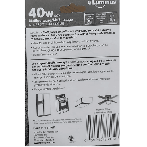 Luminus - 40W Frosted Multipurpose Light Bulb, P-11140F - Each - Bulk Mart