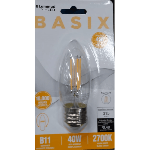 Luminus - B11 - 4W Warm White Dimmable Filament LED Bulb E26 Base - Each - Bulk Mart