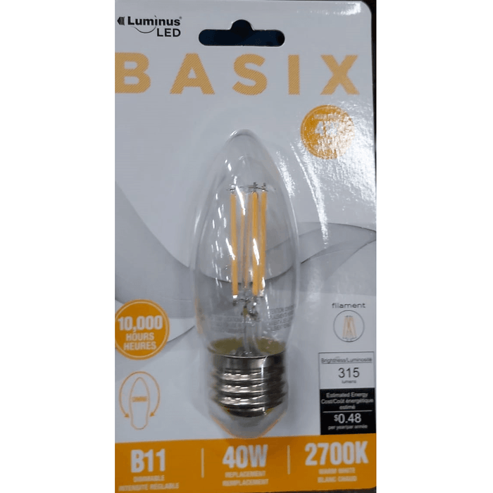 Luminus - B11 - 4W Warm White Dimmable Filament LED Bulb E26 Base - Each - Bulk Mart