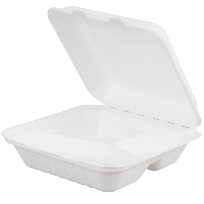 MC - 8" x 8" x 3" Biodegradable Sugarcane Bagasse Container 3 Compartment - 200/Case - Bulk Mart