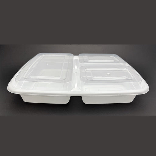 PCM - 32 Oz - 3 Compartment Microwavable Rectangular Container + Clear Lid - 150 Sets - Bulk Mart